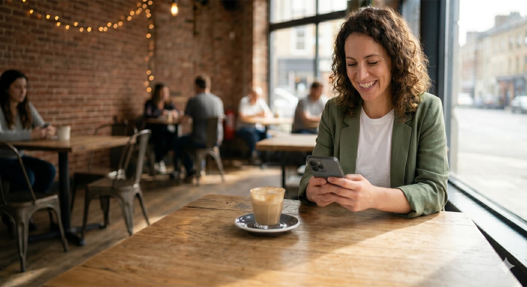 A self-employed business owner checking their finances on the Core Books AI app at a coffee shop